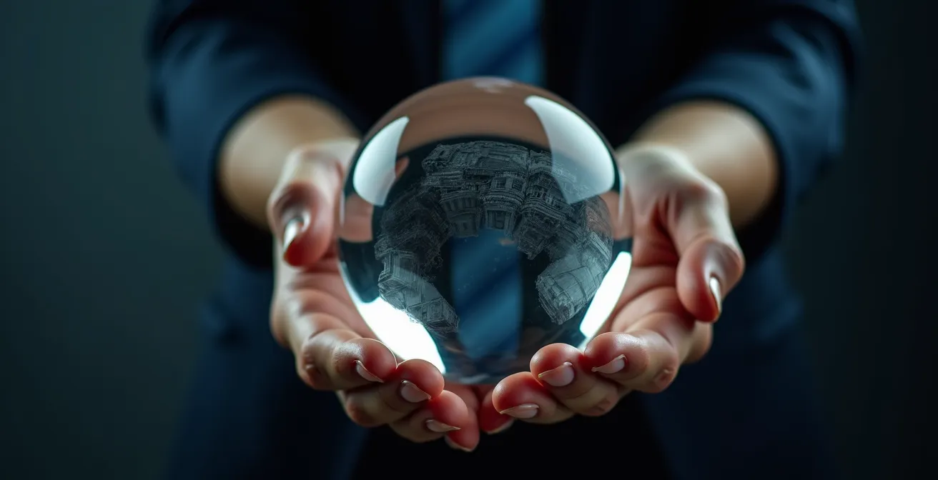 Mains manipulant une sphère holographique translucide avec reflets architecturaux